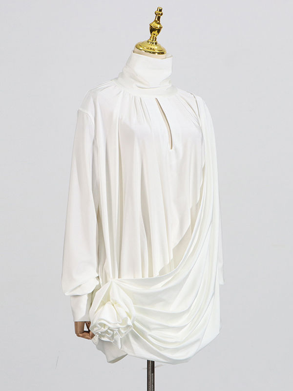 TWOTWINSTYLE Solid Stand Collar Long Sleeve Pleated Dress