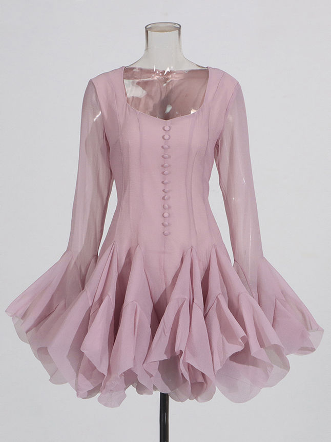TWOTWINSTYLE Square Neckline Bell Sleeve Minimalist Dress