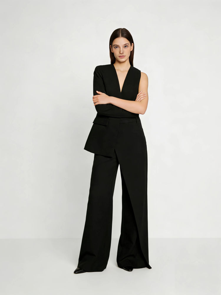 TWOTWINSTYLE V Neck Only One Sleeve Top Asymmetrical Pants Fashion Two Piece Set