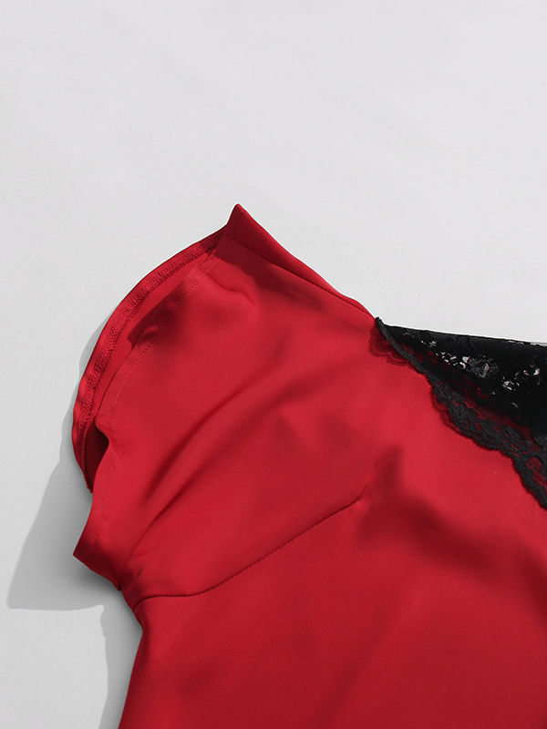 TWOTWINSTYLE Solid Off One Shoulder Patchwork Lace Dress