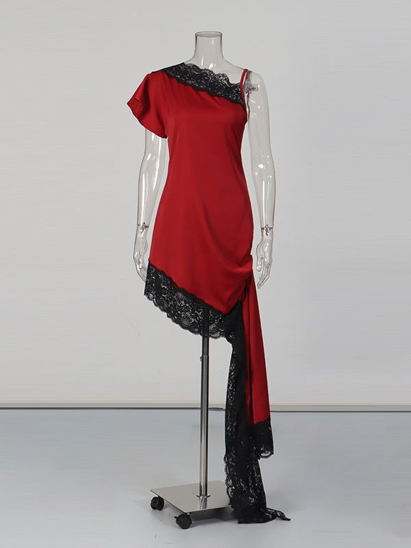 TWOTWINSTYLE Solid Off One Shoulder Patchwork Lace Dress