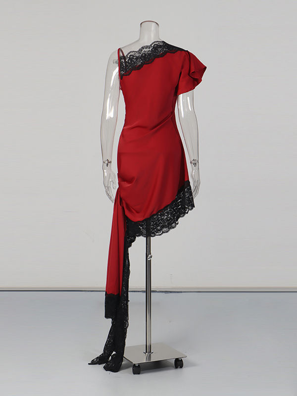 TWOTWINSTYLE Solid Off One Shoulder Patchwork Lace Dress
