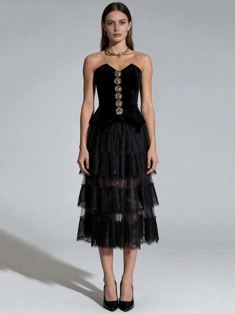 TWOTWINSTYLE Spliced Metal Button Tunic Strapless Dress