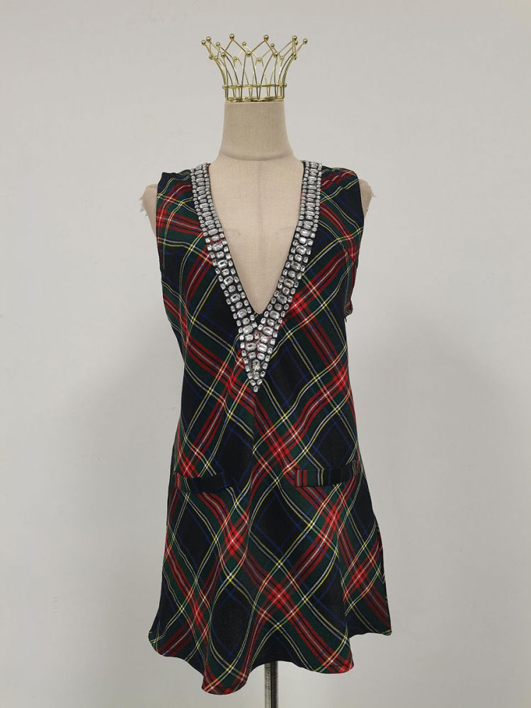 TWOTWINSTYLE Plaid V Neck Patchwork Diamond Fashion Dress