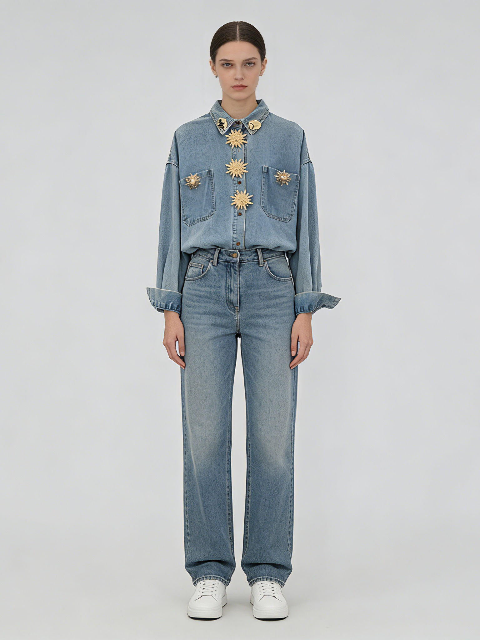 TWOTWINSTYLE Loose Patchwork Metal Decoration Casual Denim Shirt