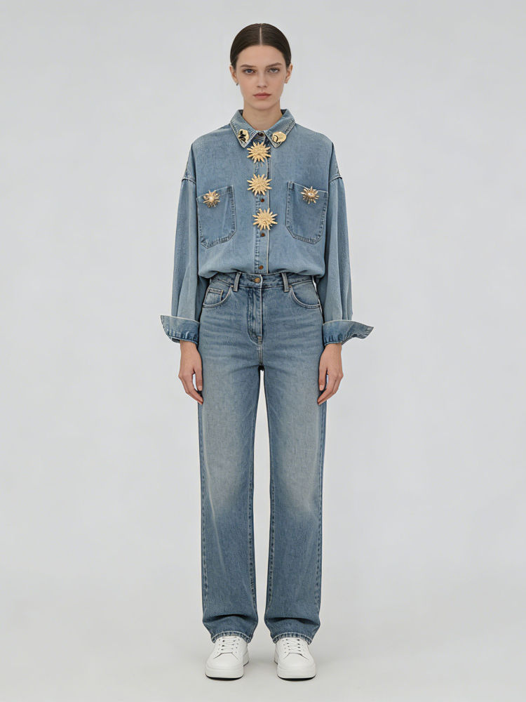 TWOTWINSTYLE Loose Patchwork Metal Decoration Casual Denim Shirt
