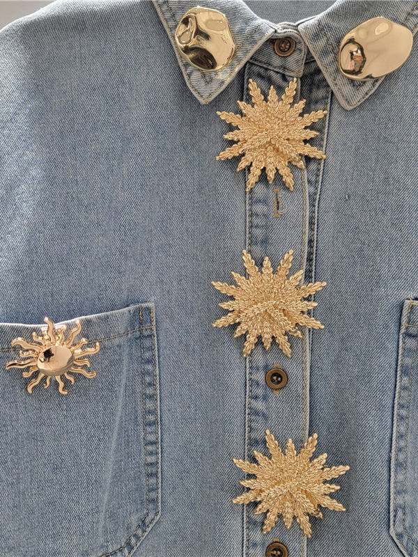 TWOTWINSTYLE Loose Patchwork Metal Decoration Casual Denim Shirt