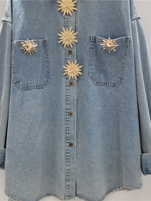 TWOTWINSTYLE Loose Patchwork Metal Decoration Casual Denim Shirt
