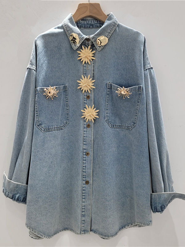 TWOTWINSTYLE Loose Patchwork Metal Decoration Casual Denim Shirt