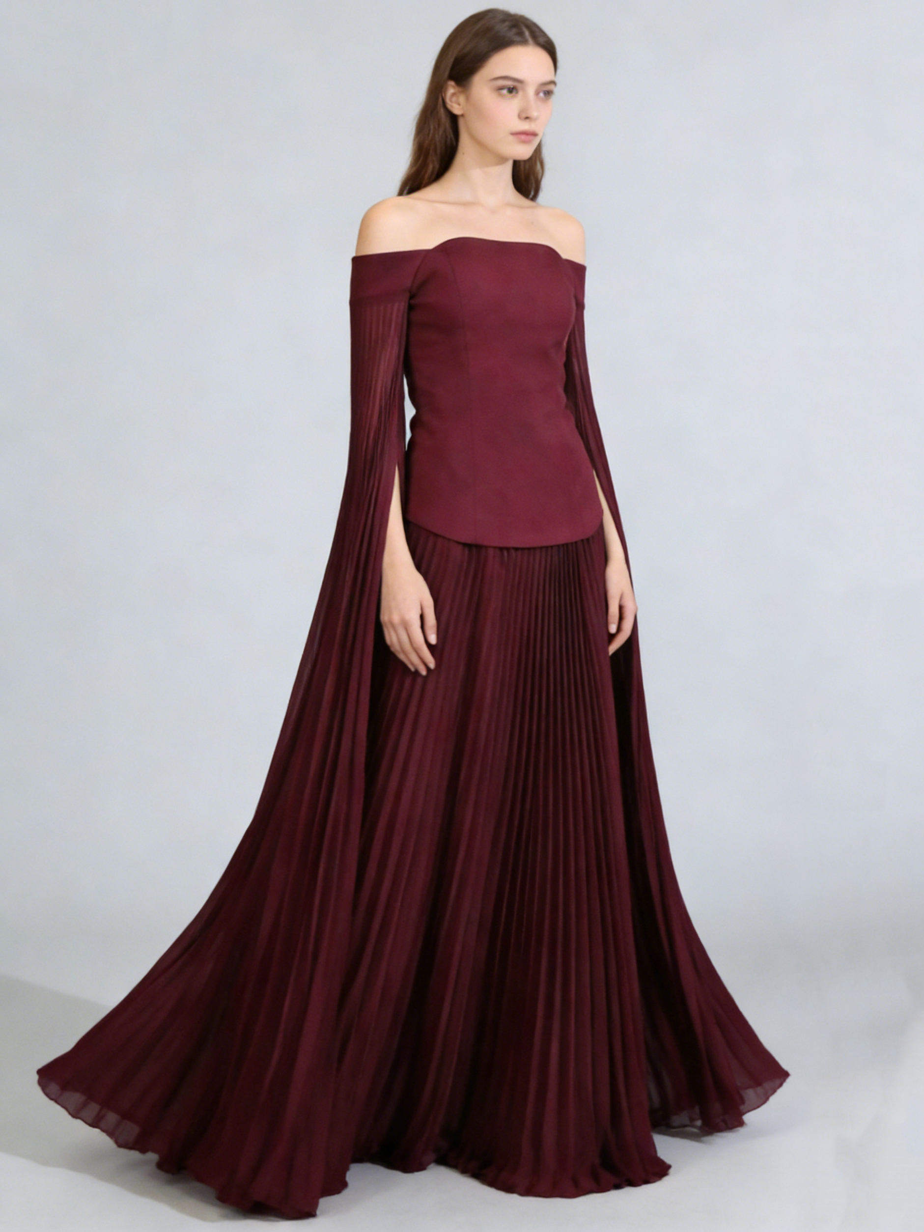 TWOTWINSTYLE Off Shoulder Tunic Top Pleated Skirt Elegant Two Piece Set