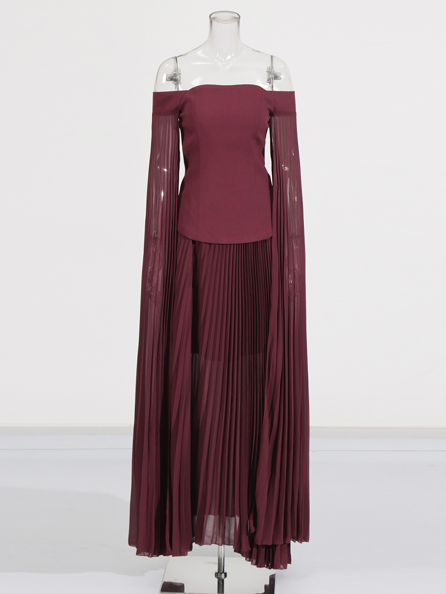 TWOTWINSTYLE Off Shoulder Tunic Top Pleated Skirt Elegant Two Piece Set