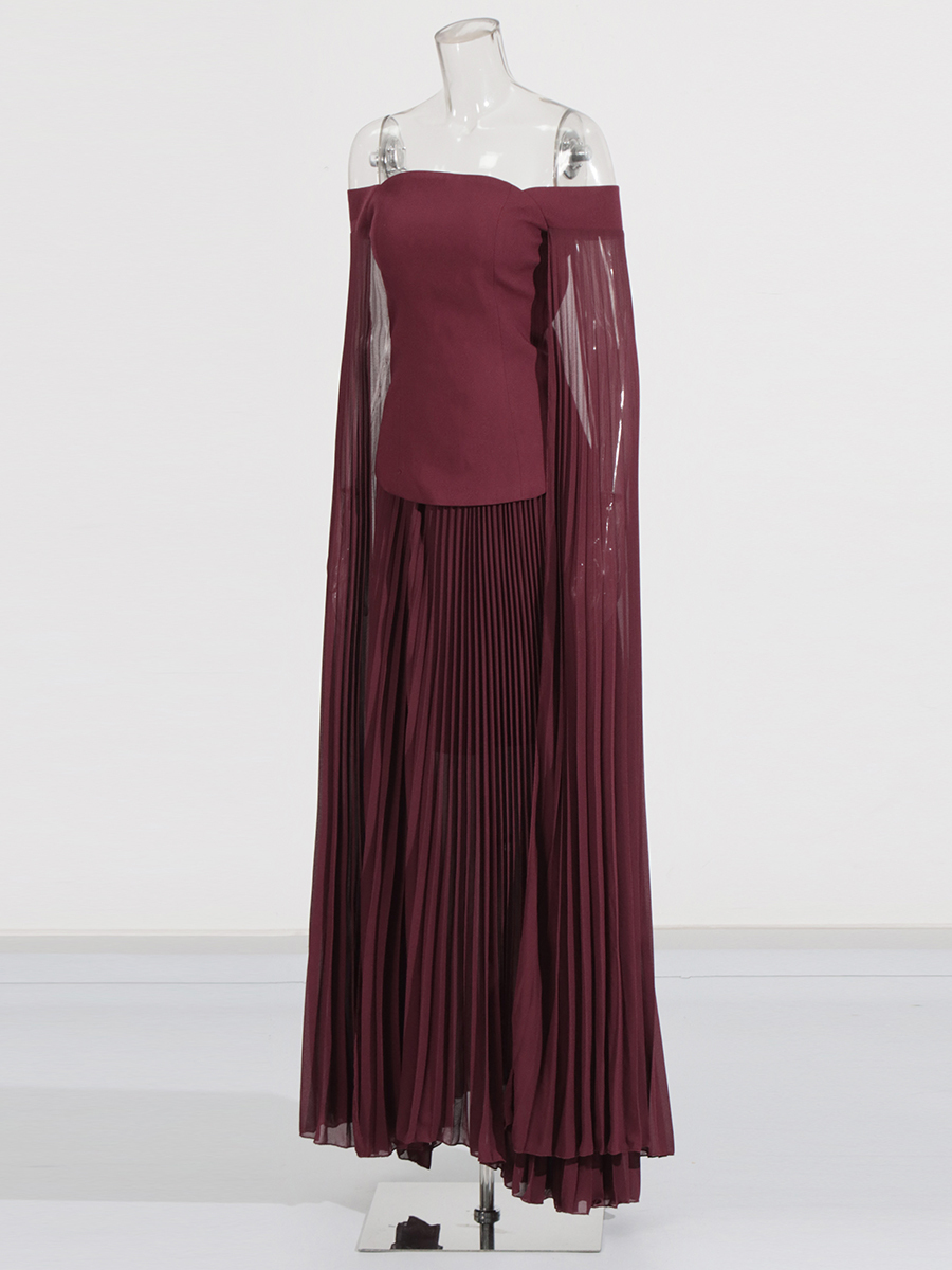 TWOTWINSTYLE Off Shoulder Tunic Top Pleated Skirt Elegant Two Piece Set