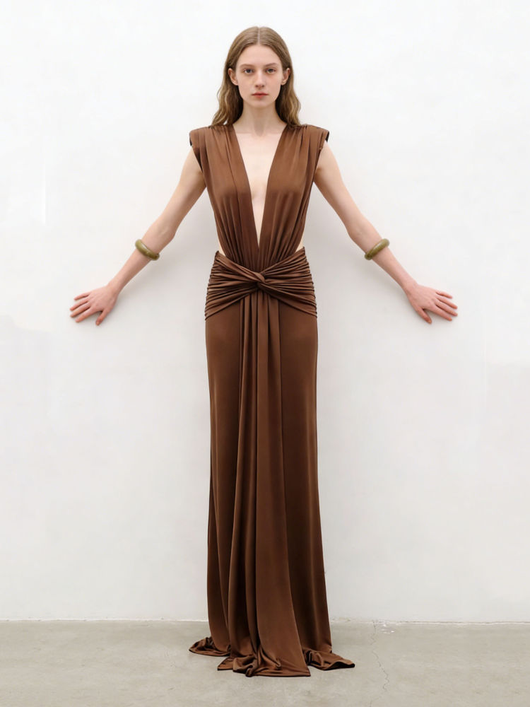 TWOTWINSTYLE Solid Deep V Neck Sleeveless Slimming Elegant Dress