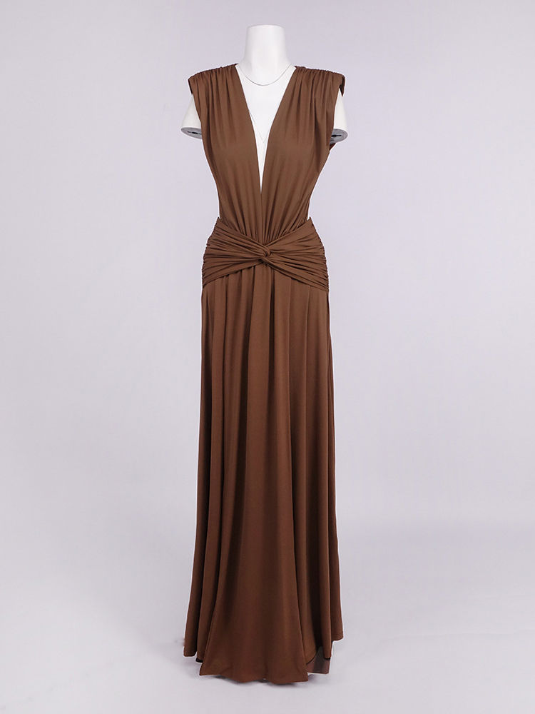 TWOTWINSTYLE Solid Deep V Neck Sleeveless Slimming Elegant Dress