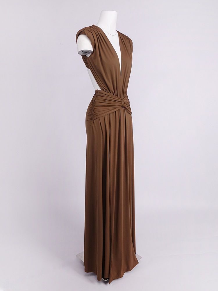 TWOTWINSTYLE Solid Deep V Neck Sleeveless Slimming Elegant Dress