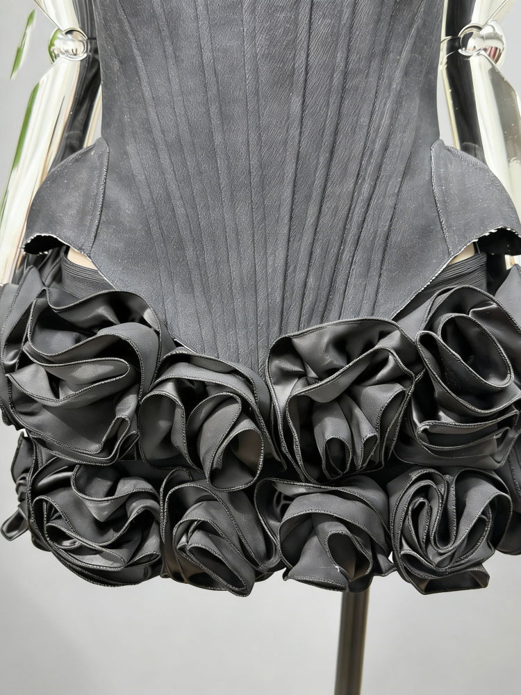 TWOTWINSTYLE Strapless Tunic Top Spliced 3D Flower Skirt Sexy Two Piece Set