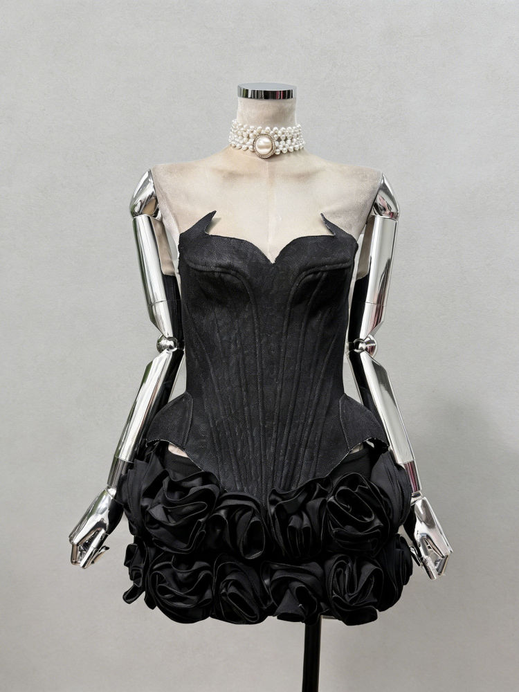TWOTWINSTYLE Strapless Tunic Top Spliced 3D Flower Skirt Sexy Two Piece Set