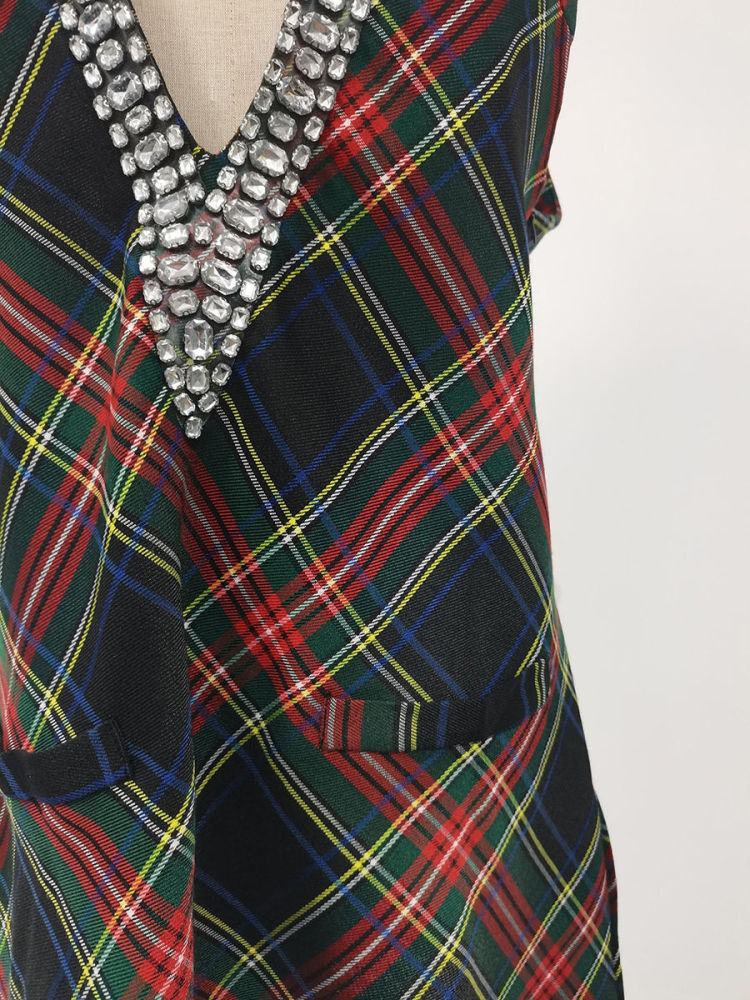 TWOTWINSTYLE Plaid V Neck Patchwork Diamond Fashion Dress