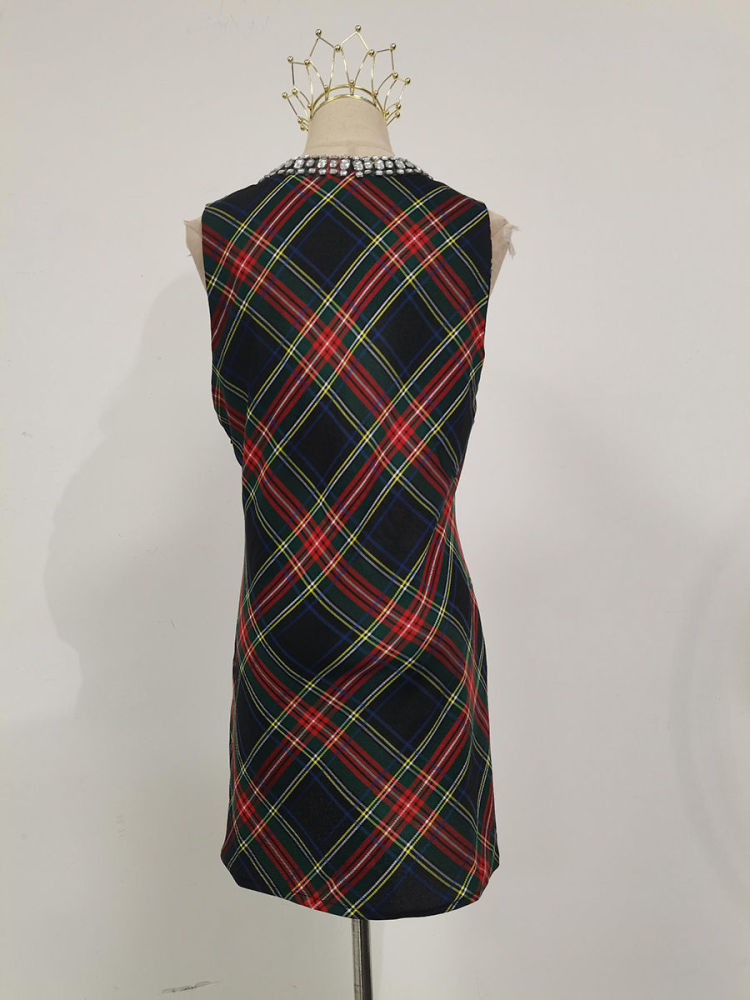 TWOTWINSTYLE Plaid V Neck Patchwork Diamond Fashion Dress