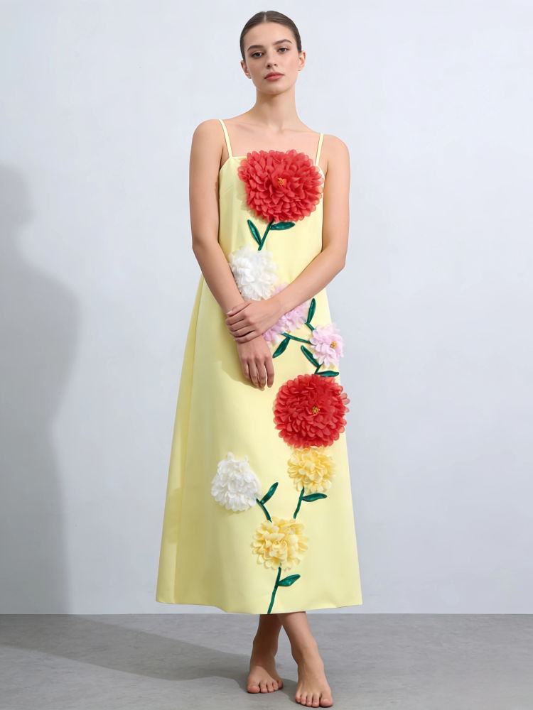 TWOTWINSTYLE Solid Sleeveless Spliced 3D Flower Vintage Dress