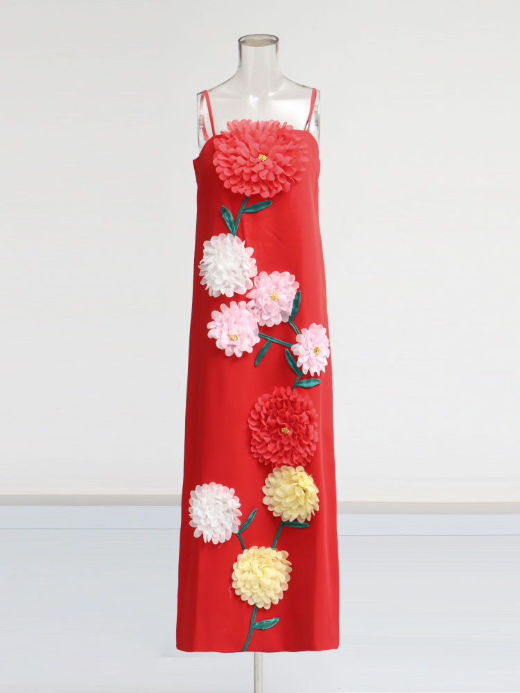 TWOTWINSTYLE Solid Sleeveless Spliced 3D Flower Vintage Dress