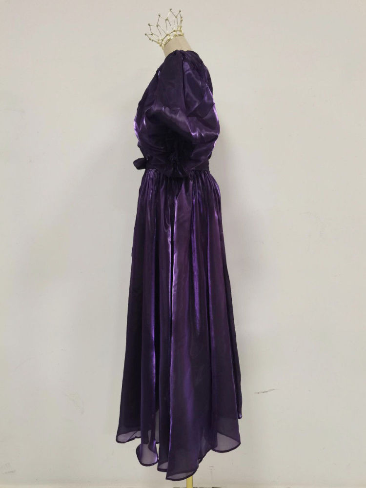 TWOTWINSTYLE Solid Puff Sleeve High Waist Vintage Dress