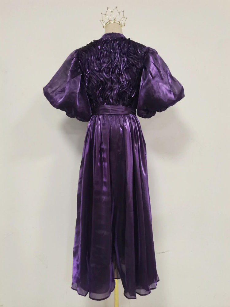 TWOTWINSTYLE Solid Puff Sleeve High Waist Vintage Dress