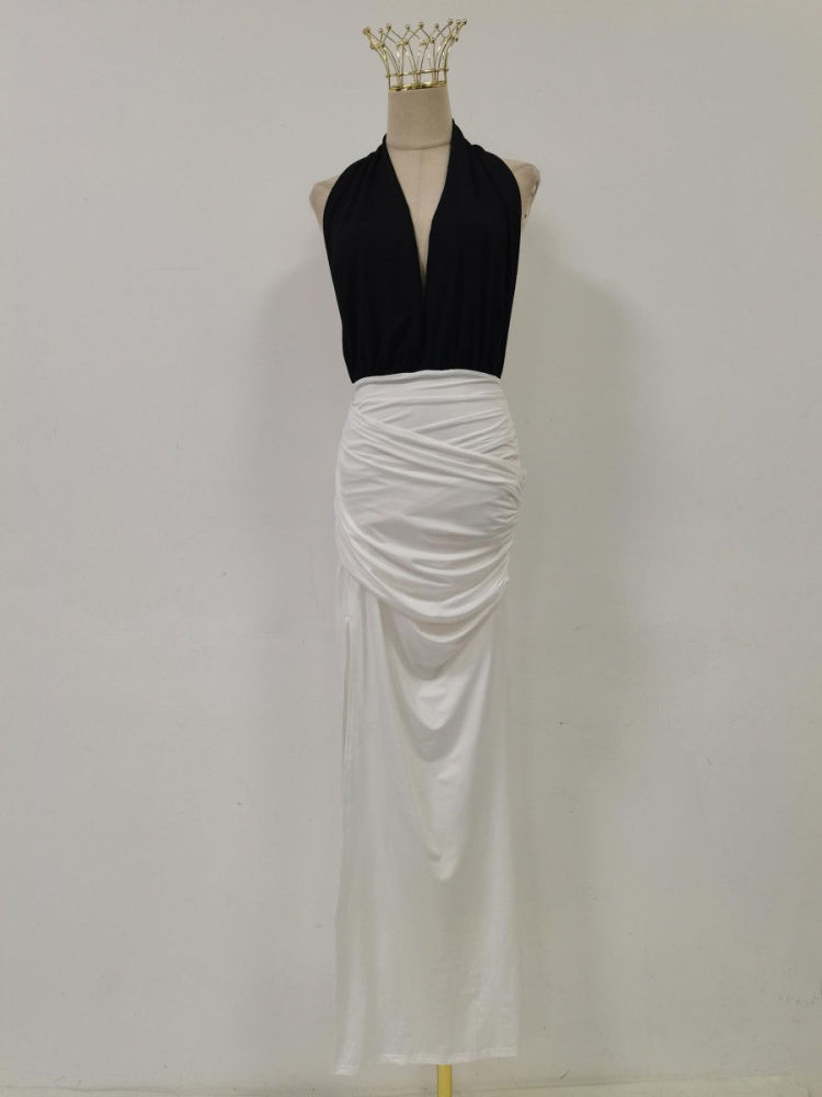 TWOTWINSTYLE Hit Color High Waist Side Split Sexy Dress