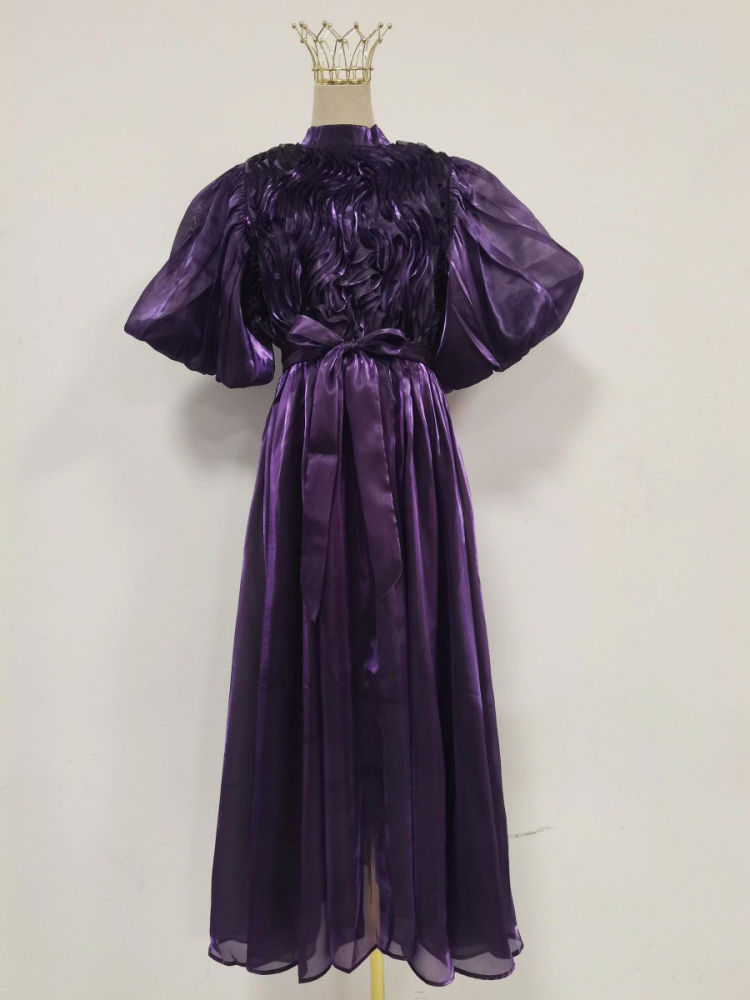 TWOTWINSTYLE Solid Puff Sleeve High Waist Vintage Dress
