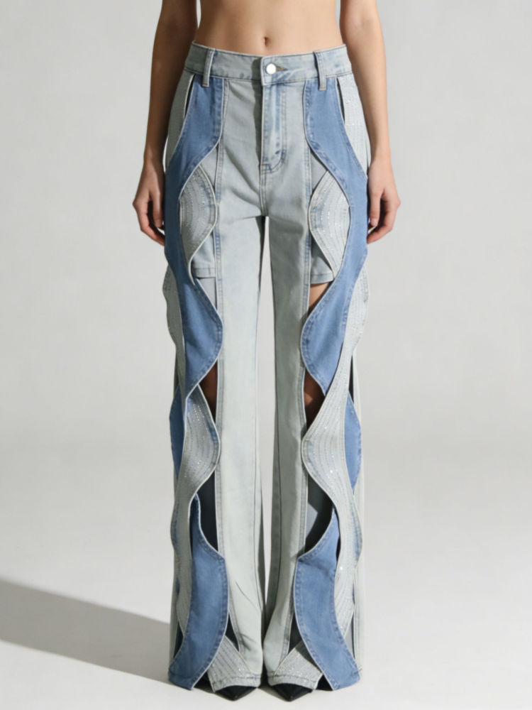 TWOTWINSTYLE Hit Color Hollow Out Loose Casual Denim Pants