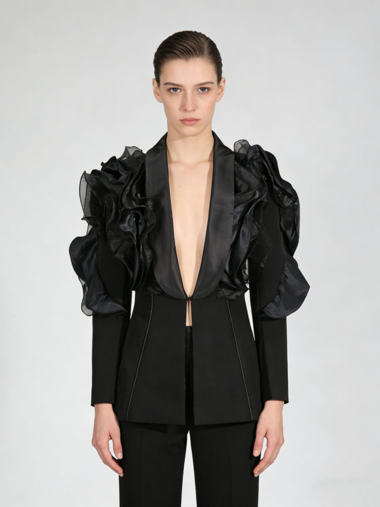 TWOTWINSTYLE Deep V Neck Patchwork Ruffles Tunic Dsigner Coat