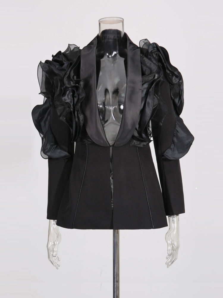 TWOTWINSTYLE Deep V Neck Patchwork Ruffles Tunic Dsigner Coat