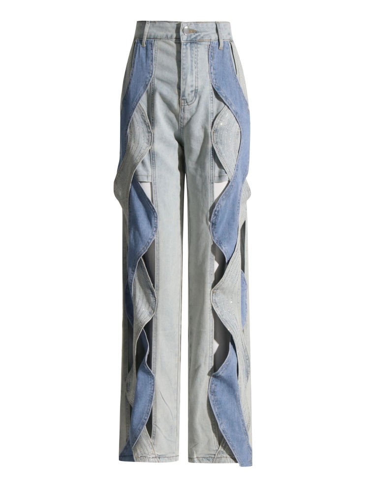 TWOTWINSTYLE Hit Color Hollow Out Loose Casual Denim Pants