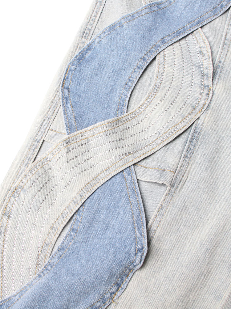 TWOTWINSTYLE Hit Color Hollow Out Loose Casual Denim Pants