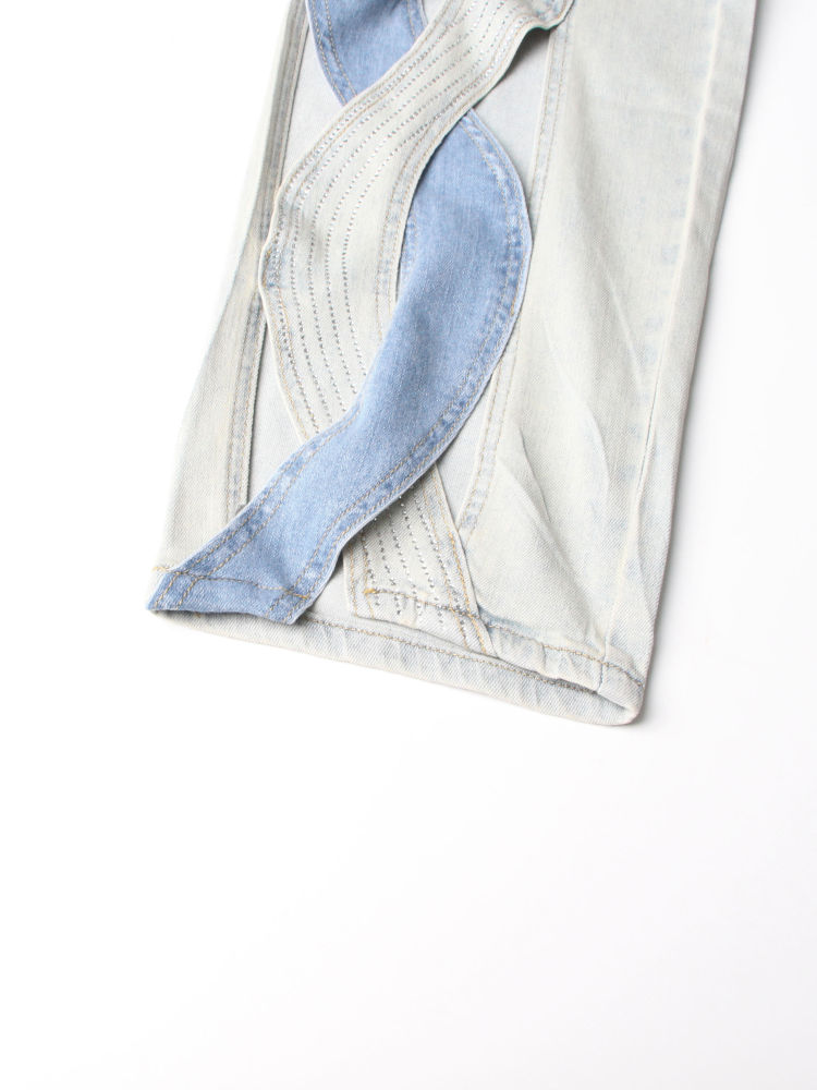 TWOTWINSTYLE Hit Color Hollow Out Loose Casual Denim Pants