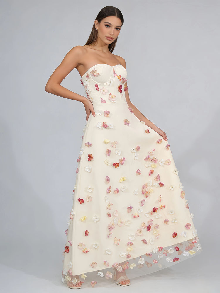 TWOTWINSTYLE Off Shoulder Patchwork 3D Flower Chic Midi Dress