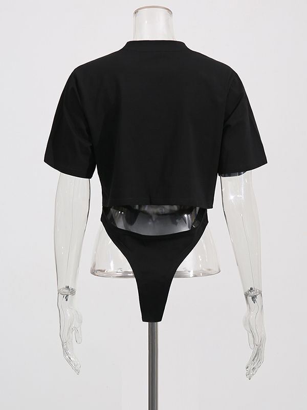 TWOTWINSTYLE Short Sleeve Spliced Print Designer Bodysuit