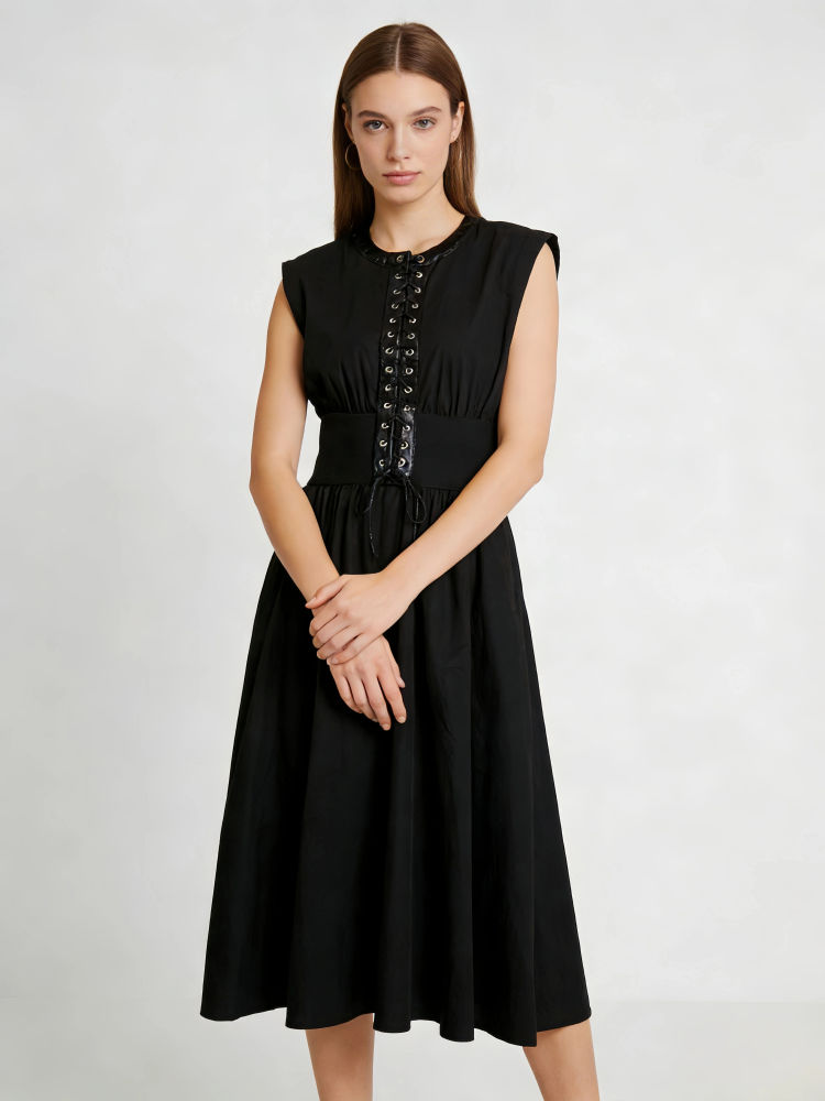 TWOTWINSTYLE Sleeveless Patchwork Drawstring Tunic Dress