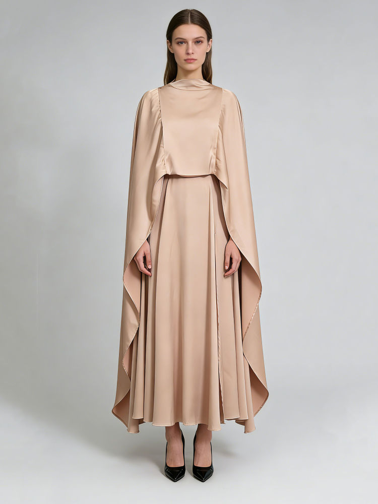 TWOTWINSTYLE Solid Cape Style Sleeveless Elegant Dress