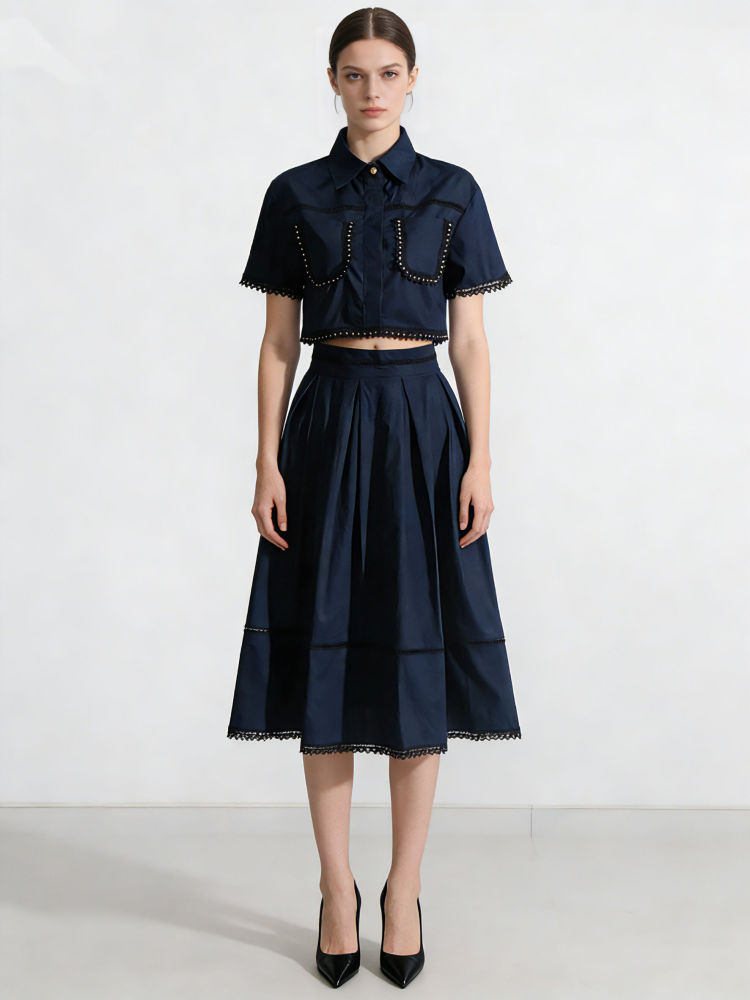 TWOTWINSTYLE Solid Lapel Crop Top High Waist Loose Chic Two Piece Set
