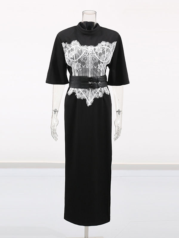 TWOTWINSTYLE Stand Collar Hit Color Spliced Belt Fashion Dress