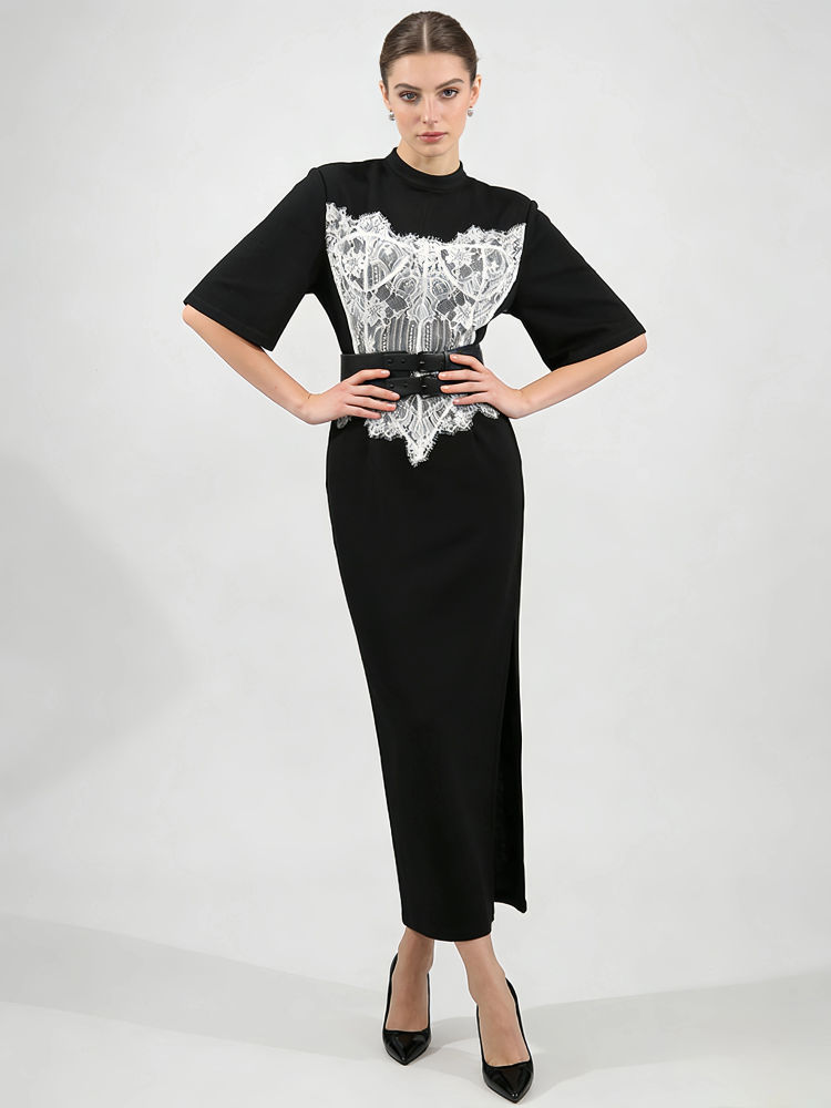 TWOTWINSTYLE Stand Collar Hit Color Spliced Belt Fashion Dress