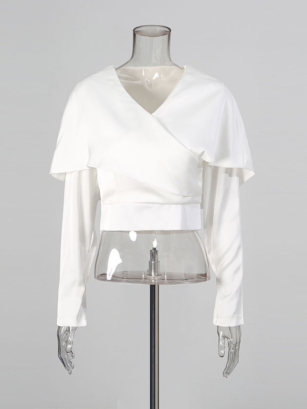 TWOTWINSTYLE Solid V Neck Long Sleeves Chic Crop Top