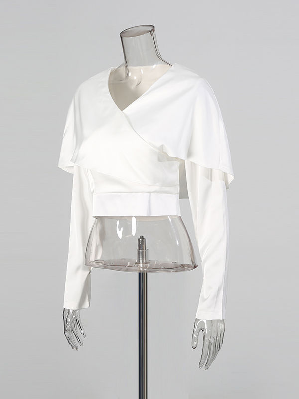TWOTWINSTYLE Solid V Neck Long Sleeves Chic Crop Top