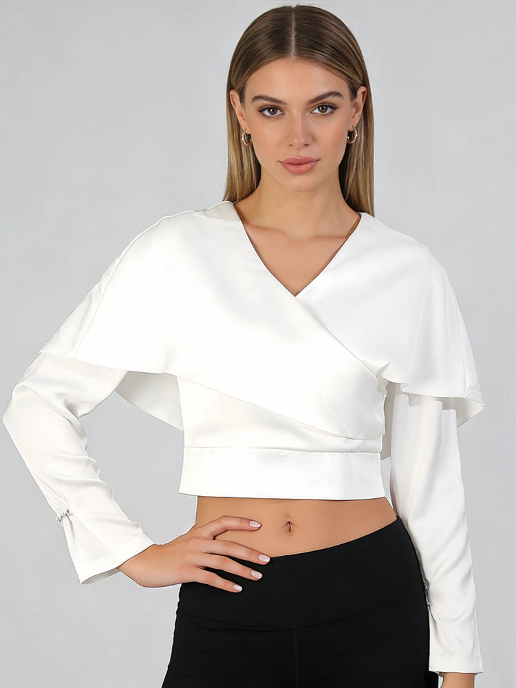 TWOTWINSTYLE Solid V Neck Long Sleeves Chic Crop Top