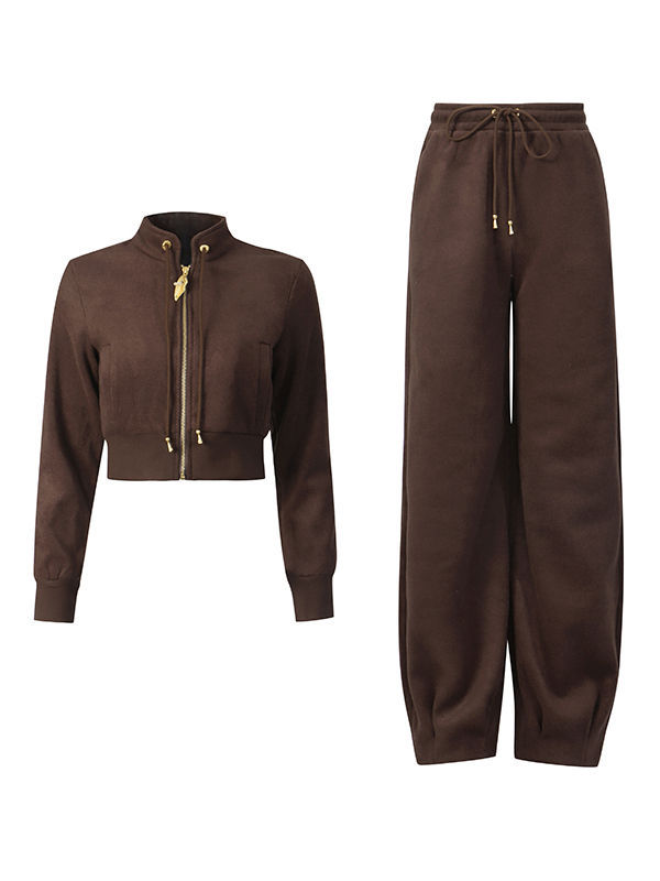 TWOTWINSTYLE Spliced Zipper Stand Collar Top Loose Pants Vintage Two Piece Set