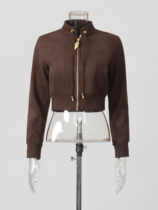 TWOTWINSTYLE Spliced Zipper Stand Collar Top Loose Pants Vintage Two Piece Set