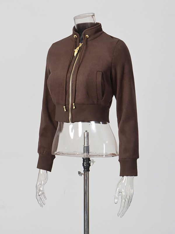 TWOTWINSTYLE Spliced Zipper Stand Collar Top Loose Pants Vintage Two Piece Set
