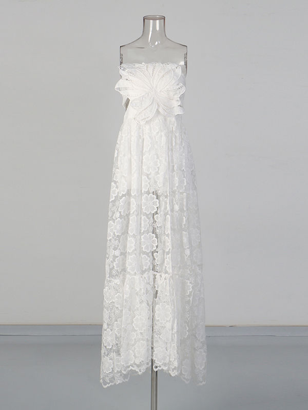 TWOTWINSTYLE Patchwork 3D Flower Side Split Elegant Dress
