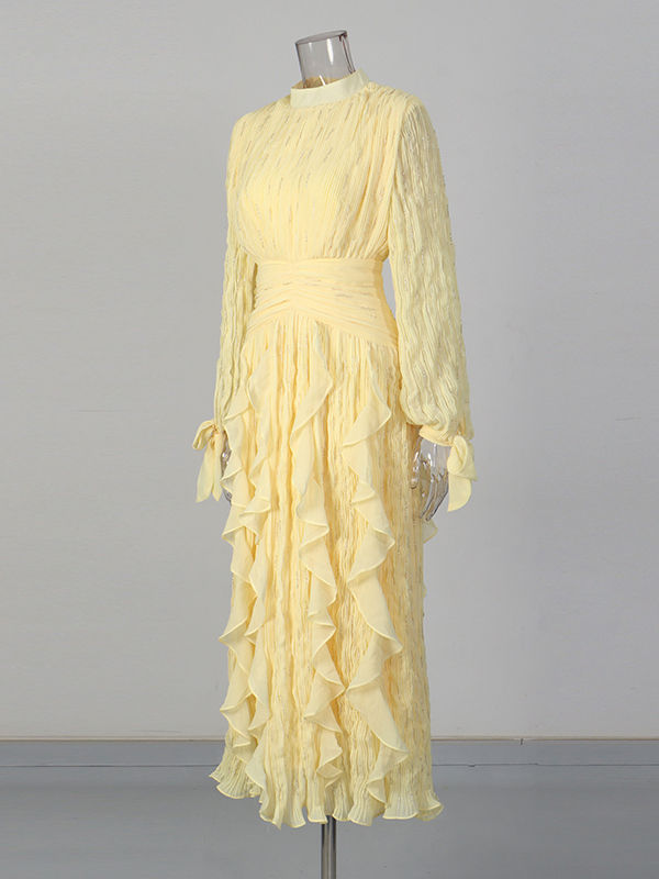 TWOTWINSTYLE Stand Collar Tunic Spliced Ruffles Elegant Dress
